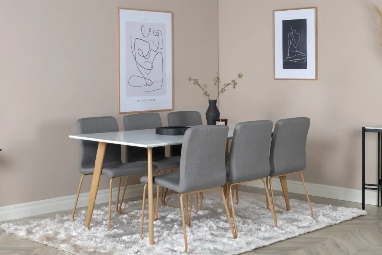 Valge söögilaud toolidega Polar ja helehallid Mace söögitoolid (180x90 cm, MDF) - GR24195