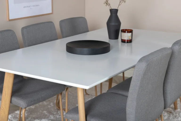 Valge söögilaud toolidega Polar ja helehallid Mace söögitoolid (180x90 cm, MDF) - GR24195