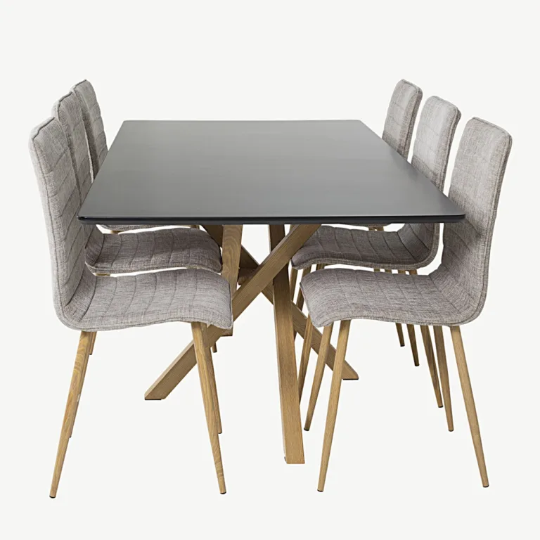 Piazza söögilaud musta lauaplaadiga ja Windu toolid, helehall kangas, 6-kohaline komplekt - GR24253