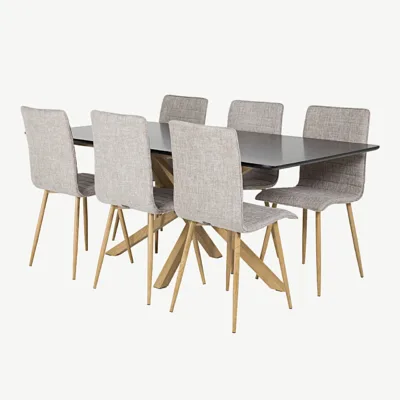 Piazza söögilaud musta lauaplaadiga ja Windu toolid, helehall kangas, 6-kohaline komplekt - GR24253