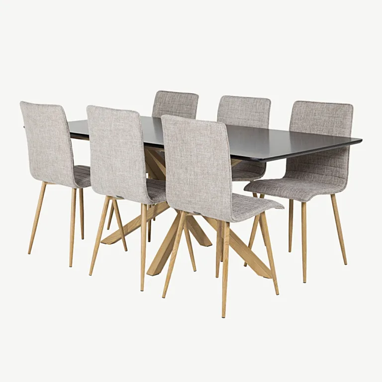 Piazza söögilaud musta lauaplaadiga ja Windu toolid, helehall kangas, 6-kohaline komplekt - GR24253