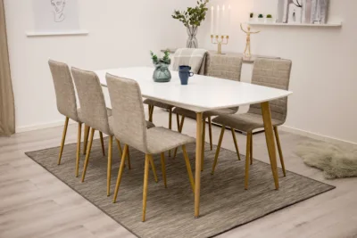 Söögikomplekt Polar koos helehallide Windu toolidega, valge/naturaalne MDF laud (240×100 cm) - GR24269