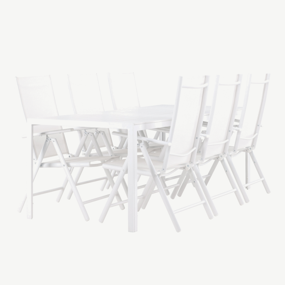 Valge aiakomplekt Break – suur laud ja 6 reguleeritavat tooli (alumiinium, WPC), GR24298