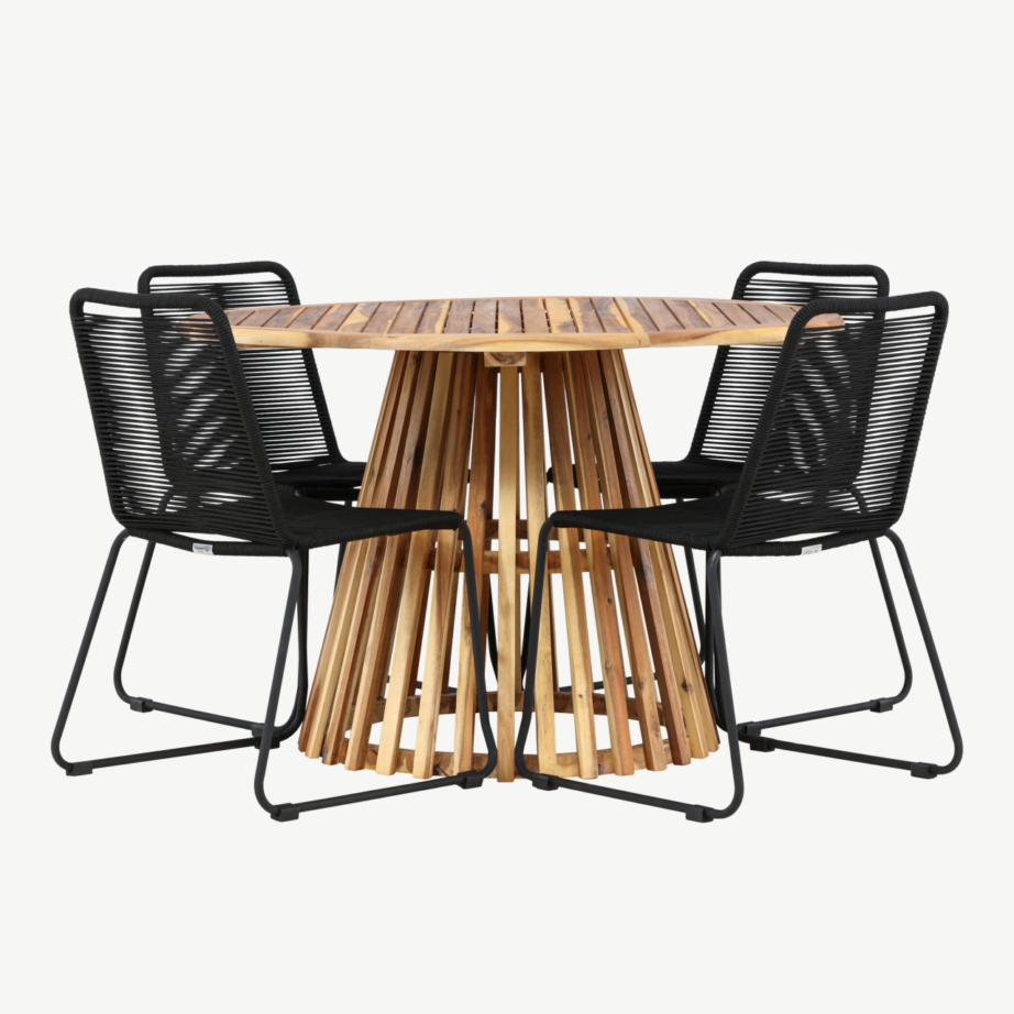 Ümmargune aiamööbli komplekt Lumpur (akaatsiapuit, mustad polüesterköiest toolid, ø120 cm), GR24353 – 5