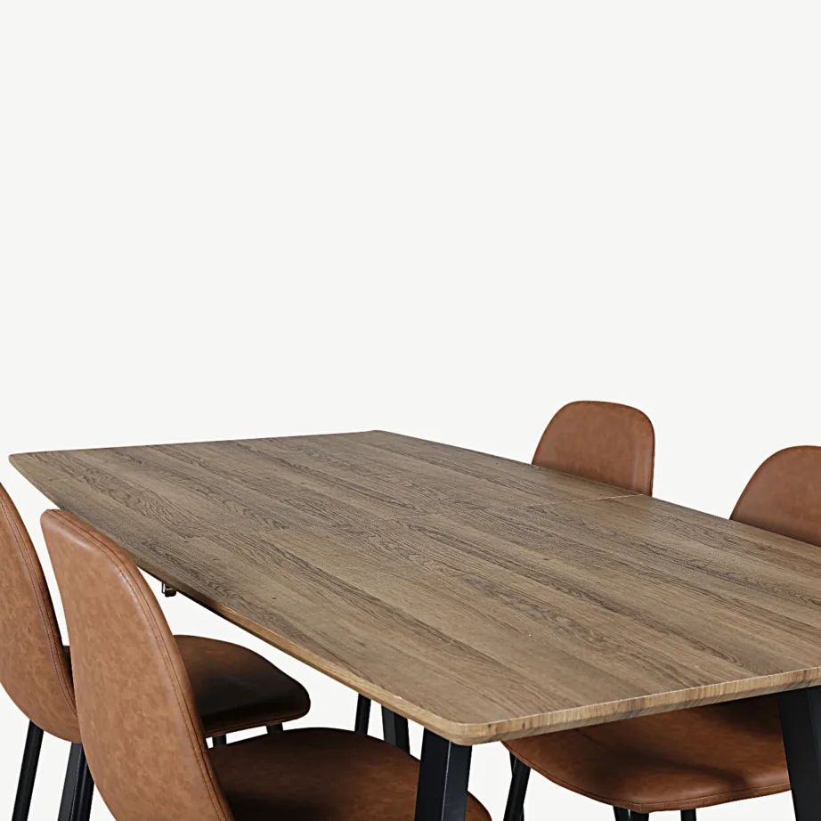 Pähklitooni ristkülikukujuline söögilauakomplekt Inca nelja pruuni PU-kattega tooliga, GR550 – 4