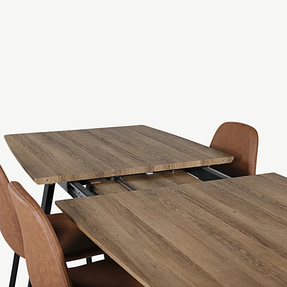 Pähklitooni ristkülikukujuline söögilauakomplekt Inca nelja pruuni PU-kattega tooliga, GR550 – 6