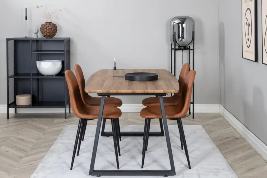 Pähklitooni ristkülikukujuline söögilauakomplekt Inca nelja pruuni PU-kattega tooliga, GR550 – 7