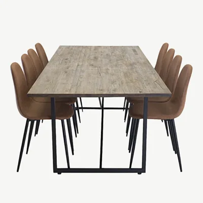 Padangi tiigipuidust söögikomplekt: söögilaud (250x100 cm) ja Polar toolid (pruun, must metalljalg) - GR576
