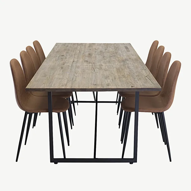 Padangi tiigipuidust söögikomplekt: söögilaud (250x100 cm) ja Polar toolid (pruun, must metalljalg) - GR576