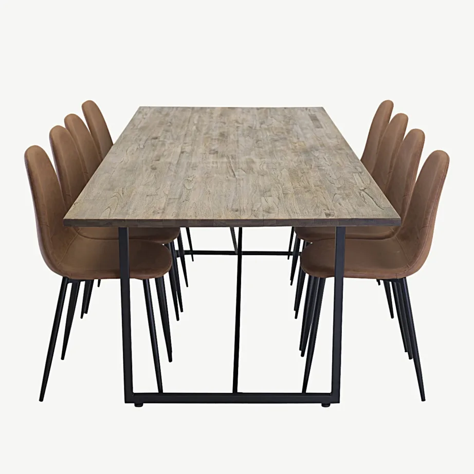 Padangi tiigipuidust söögikomplekt: söögilaud (250x100 cm) ja Polar toolid (pruun, must metalljalg) - GR576