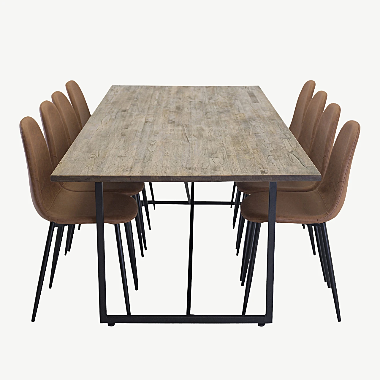 Padangi tiigipuidust söögikomplekt: söögilaud (250x100 cm) ja Polar toolid (pruun, must metalljalg) - GR576