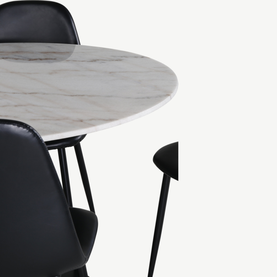 Estelle ümmargune marmorlauaga söögilaud ja mustad Polar PU-kattega toolid, GR599 – 2