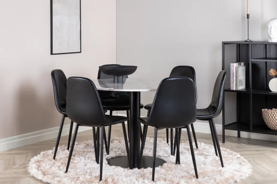 Estelle ümmargune marmorlauaga söögilaud ja mustad Polar PU-kattega toolid, GR599 – 3