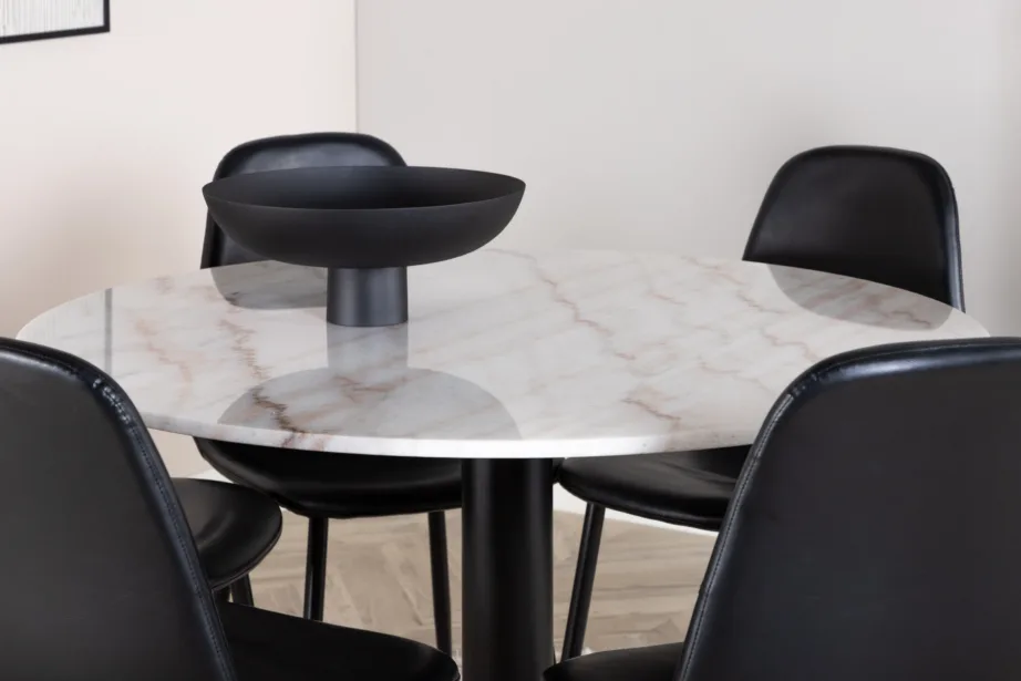 Estelle ümmargune marmorlauaga söögilaud ja mustad Polar PU-kattega toolid, GR599 – 4