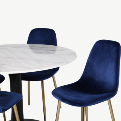 Estelle ümmargune marmorist söögilaud siniste samettoolidega Polar (⌀106 cm) - GR600