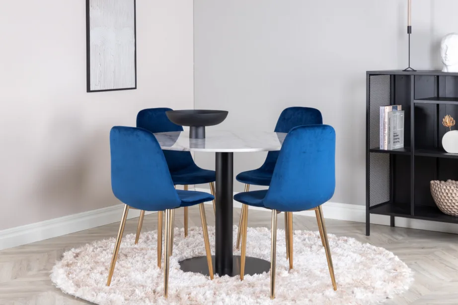 Estelle ümmargune marmorist söögilaud siniste samettoolidega Polar (⌀106 cm), GR600 – 2