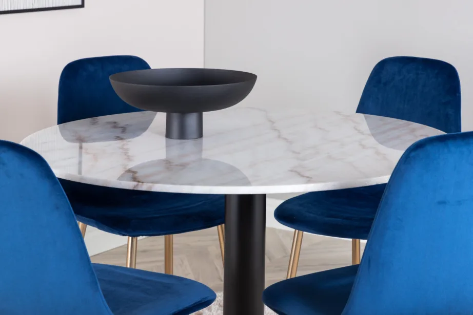 Estelle ümmargune marmorist söögilaud siniste samettoolidega Polar (⌀106 cm), GR600 – 3