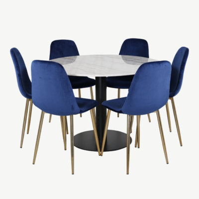 Ümmargune marmorist söögikomplekt Estelle ja Polar sinised samettoolid (6 tk) - GR601