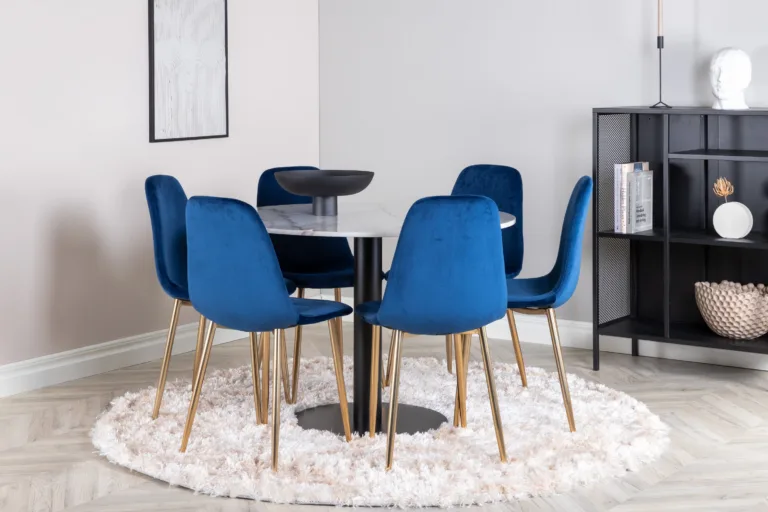 Ümmargune marmorist söögikomplekt Estelle ja Polar sinised samettoolid (6 tk) - GR601