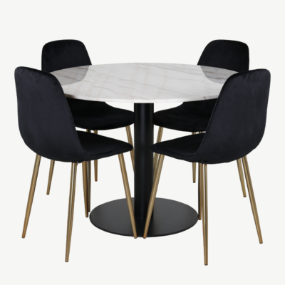 Estelle ümmargune marmorist söögilaud ja mustad velvetist Polar toolid (4 tk), ø106 cm - GR602