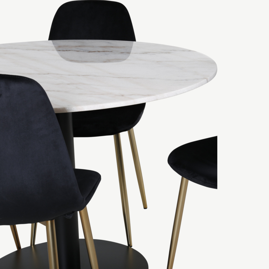 Estelle ümmargune marmorist söögilaud ja mustad velvetist Polar toolid (4 tk), ø106 cm, GR602 – 2