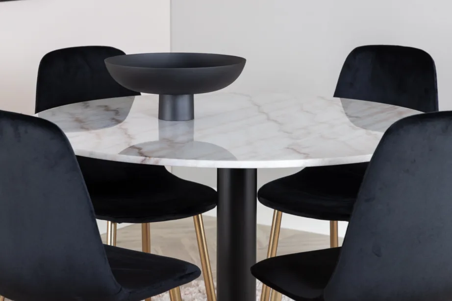 Estelle ümmargune marmorist söögilaud ja mustad velvetist Polar toolid (4 tk), ø106 cm, GR602 – 4
