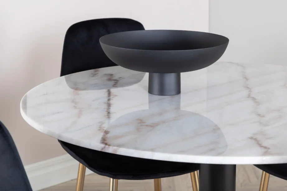 Estelle ümmargune marmorist söögilaud ja mustad velvetist Polar toolid (4 tk), ø106 cm, GR602 – 5