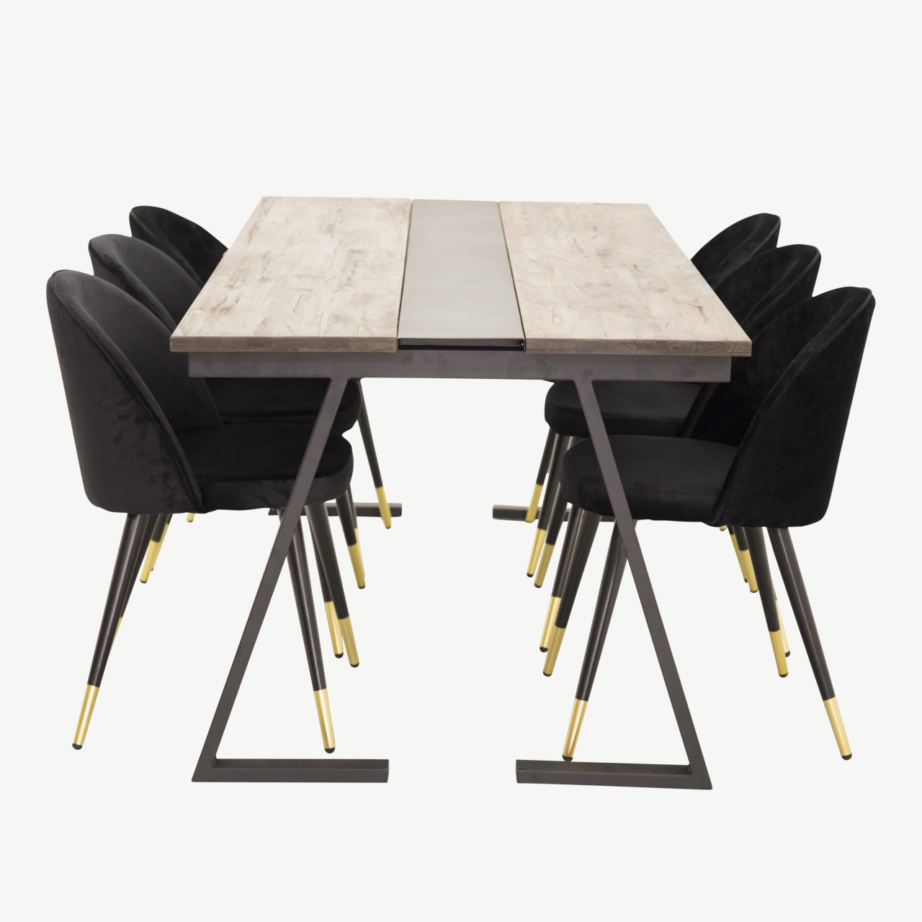 Industriaalstiilis tiigipuust söögikomplekt Jakarta kuue musta velvetkattega tooliga, GR738 – 2