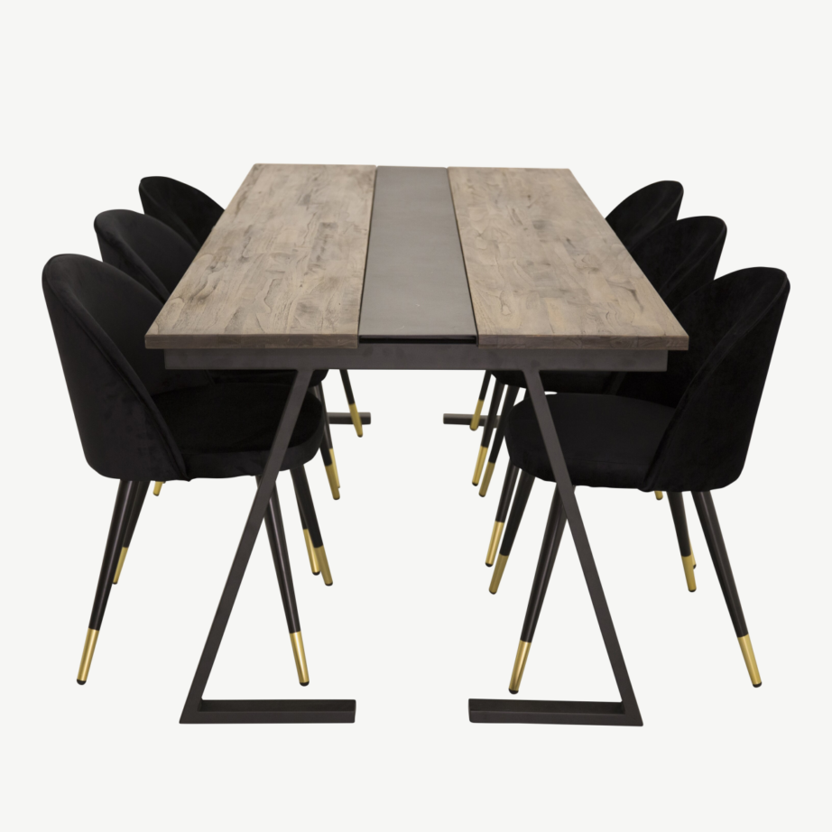 Industriaalstiilis tiigipuust söögikomplekt Jakarta kuue musta velvetkattega tooliga, GR738 – 3