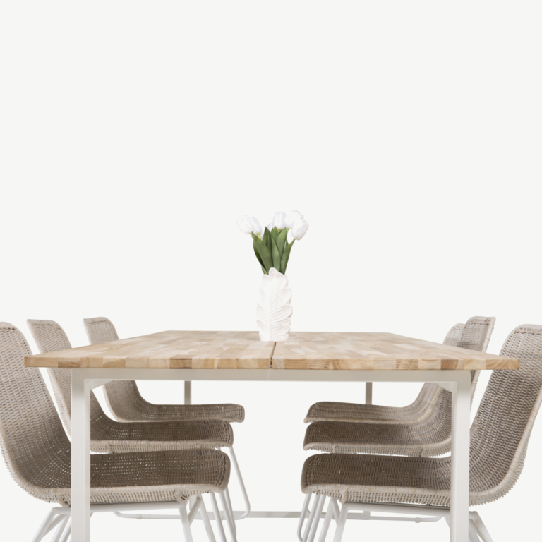 Tiigipuust ristkülikukujuline söögikomplekt Cirebon (200x90 cm, 6 valget rotangist tooli) - GR814