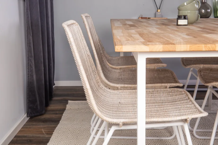 Tiigipuust ristkülikukujuline söögikomplekt Cirebon (200×90 cm, 6 valget rotangist tooli), GR814 – 7