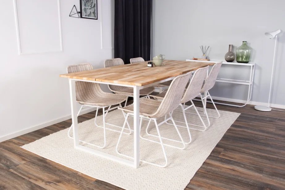 Tiigipuust ristkülikukujuline söögikomplekt Cirebon (200×90 cm, 6 valget rotangist tooli), GR814 – 10