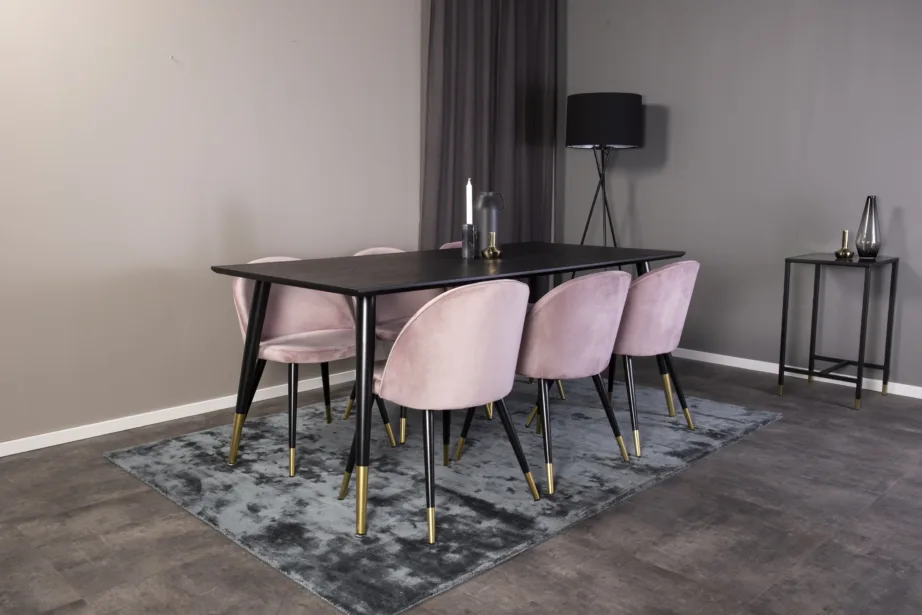 Dipp söögitoakomplekt – must MDF-söögilaud ja 6 tolmuroosat sametist tooli, mustade ja kuldsete metalljalgadega, GR815 – 5