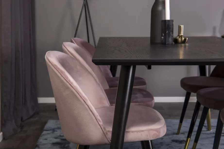 Dipp söögitoakomplekt – must MDF-söögilaud ja 6 tolmuroosat sametist tooli, mustade ja kuldsete metalljalgadega, GR815 – 6