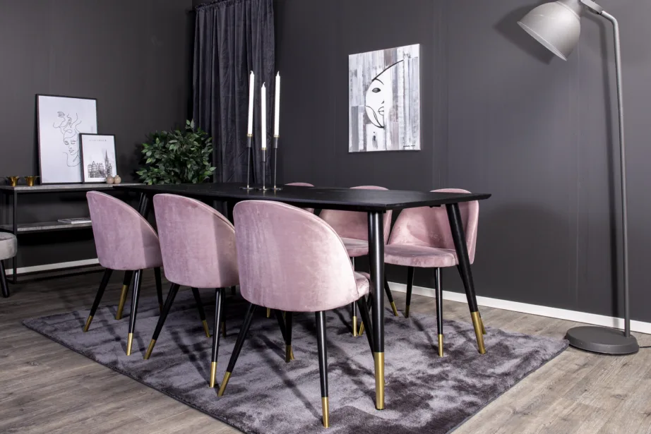 Dipp söögitoakomplekt – must MDF-söögilaud ja 6 tolmuroosat sametist tooli, mustade ja kuldsete metalljalgadega, GR815 – 8