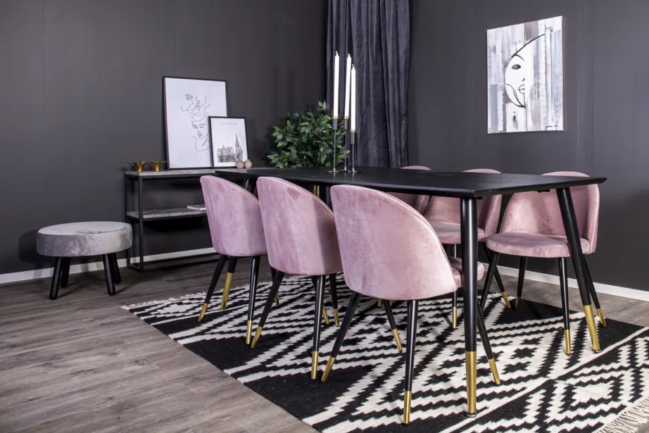 Dipp söögitoakomplekt – must MDF-söögilaud ja 6 tolmuroosat sametist tooli, mustade ja kuldsete metalljalgadega, GR815 – 9