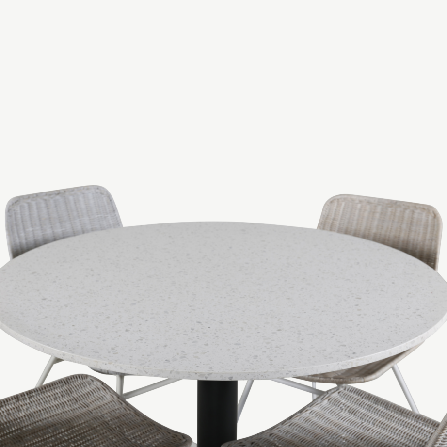 Ümmargune terrazzo söögilaud Razzia valgete rotangtoolidega Cirebon sarjast (ø106 cm), GR826 – 2