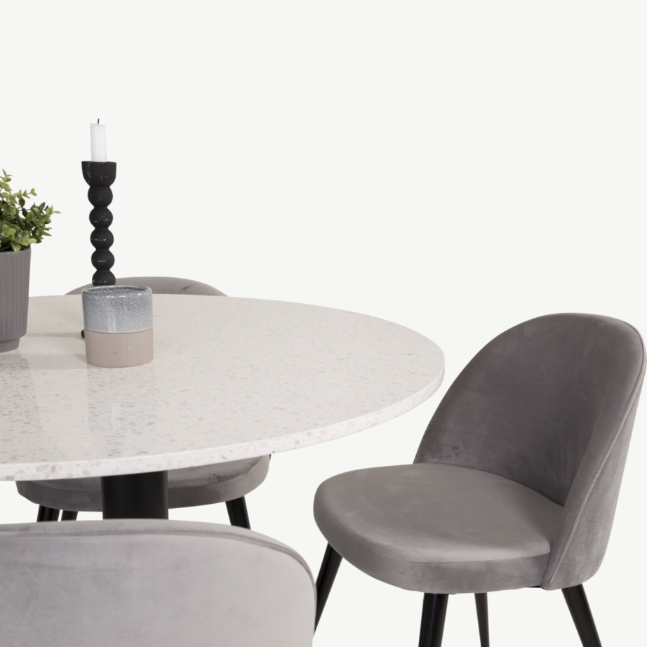 Razzia ümmargune terrazzo söögilauakomplekt hallide samettoolidega, ø106cm, GR831 – 2