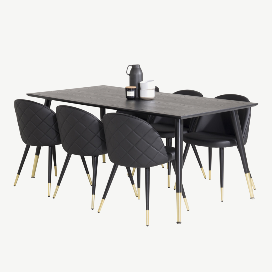 Ristkülikukujuline söögitoakomplekt Dipp – must laud ja 6 musta tooli kuldsete detailidega, GR848