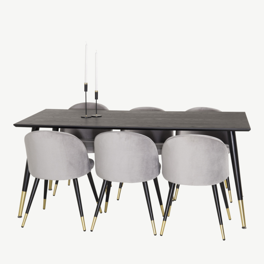 Ristkülikukujuline söögilauakomplekt Dipp musta tammeviimistlusega ja sametiste toolidega (kuldsete detailidega), GR849 – 2
