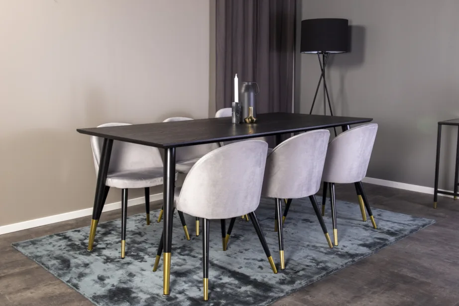 Ristkülikukujuline söögilauakomplekt Dipp musta tammeviimistlusega ja sametiste toolidega (kuldsete detailidega), GR849 – 3