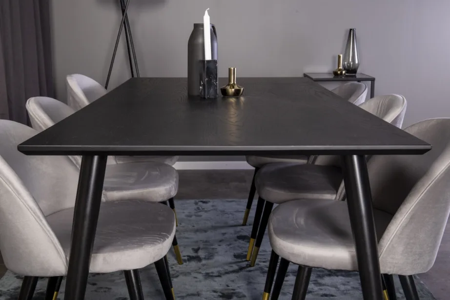 Ristkülikukujuline söögilauakomplekt Dipp musta tammeviimistlusega ja sametiste toolidega (kuldsete detailidega), GR849 – 6