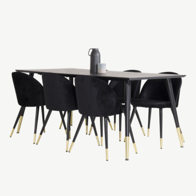 Dipp söögitoakomplekt mustast MDF-ist ja mustadest samettoolidest kuldsete detailidega - GR850
