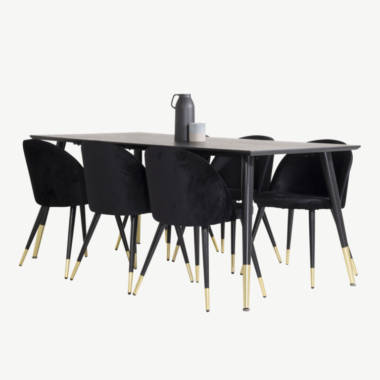 Dipp söögitoakomplekt mustast MDF-ist ja mustadest samettoolidest kuldsete detailidega - GR850