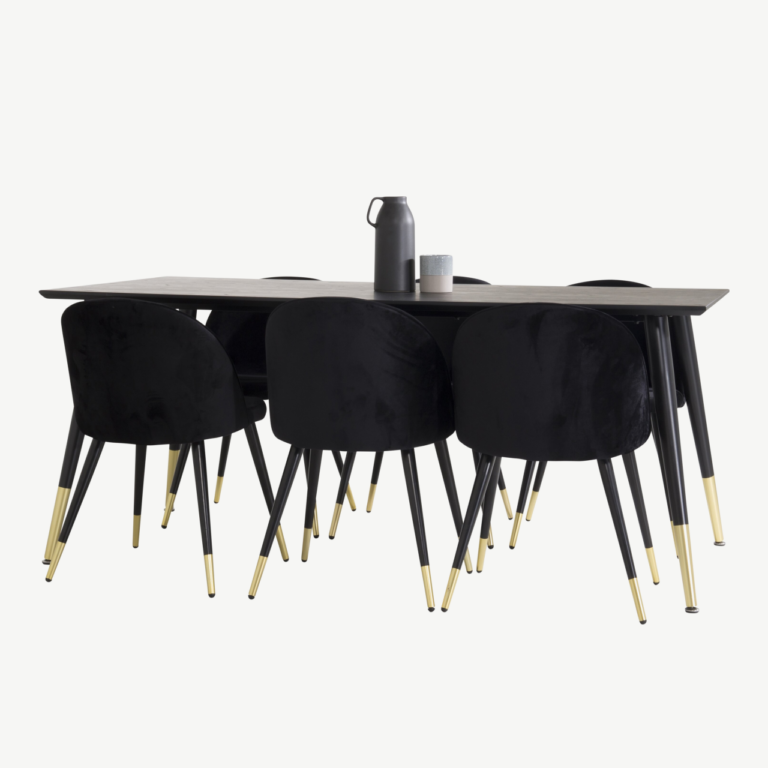 Dipp söögitoakomplekt mustast MDF-ist ja mustadest samettoolidest kuldsete detailidega - GR850