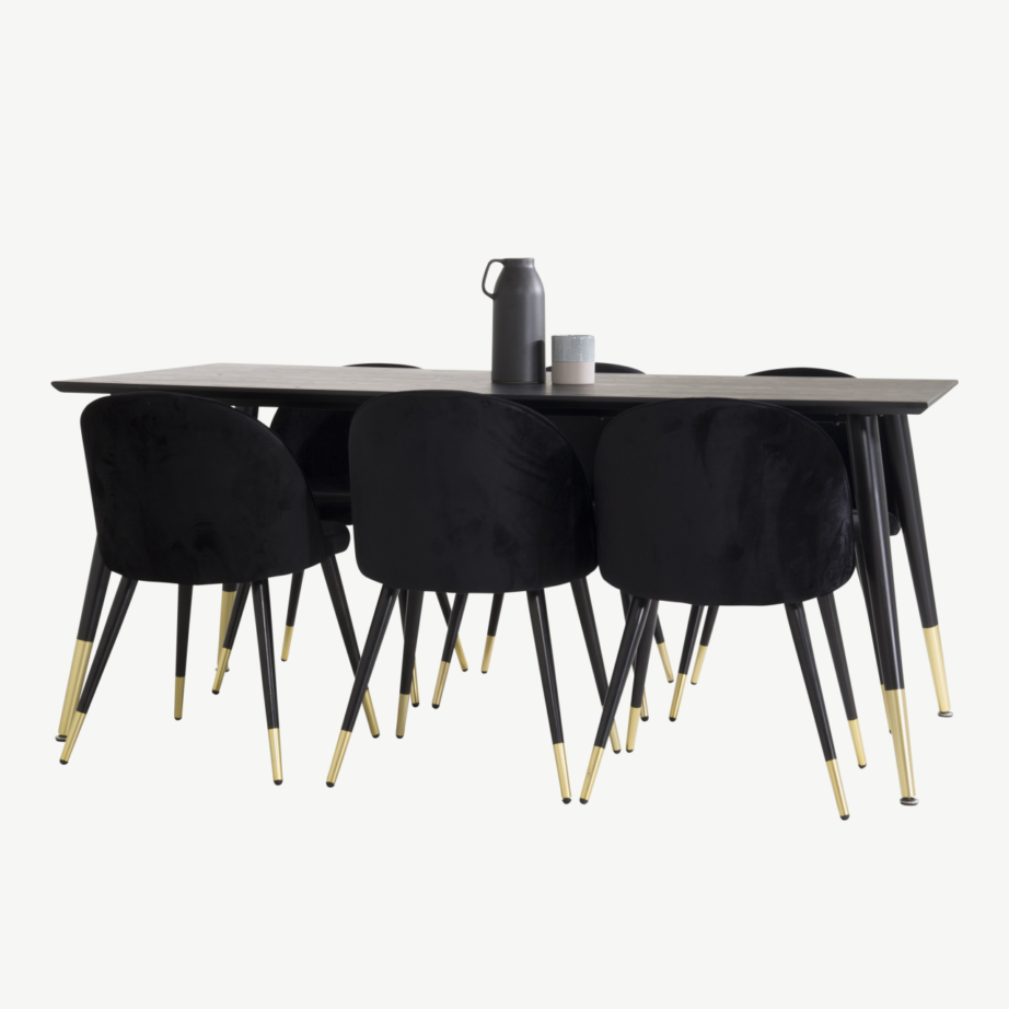 Dipp söögitoakomplekt mustast MDF-ist ja mustadest samettoolidest kuldsete detailidega, GR850 – 2