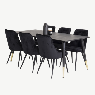 Must ristkülikukujuline söögikomplekt Dipp (laud 180 × 90 cm ja sametist toolid kuldsete detailidega) - GR851