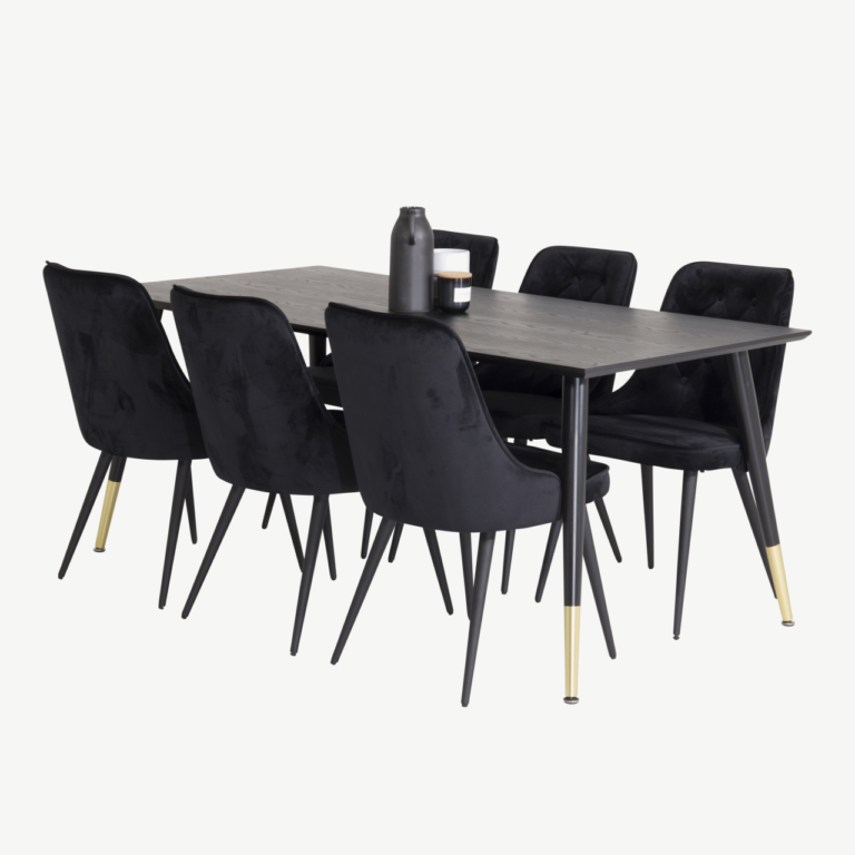 Must ristkülikukujuline söögikomplekt Dipp (laud 180 × 90 cm ja sametist toolid kuldsete detailidega) - GR851