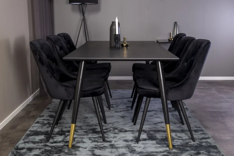 Must ristkülikukujuline söögikomplekt Dipp (laud 180 × 90 cm ja sametist toolid kuldsete detailidega) - GR851