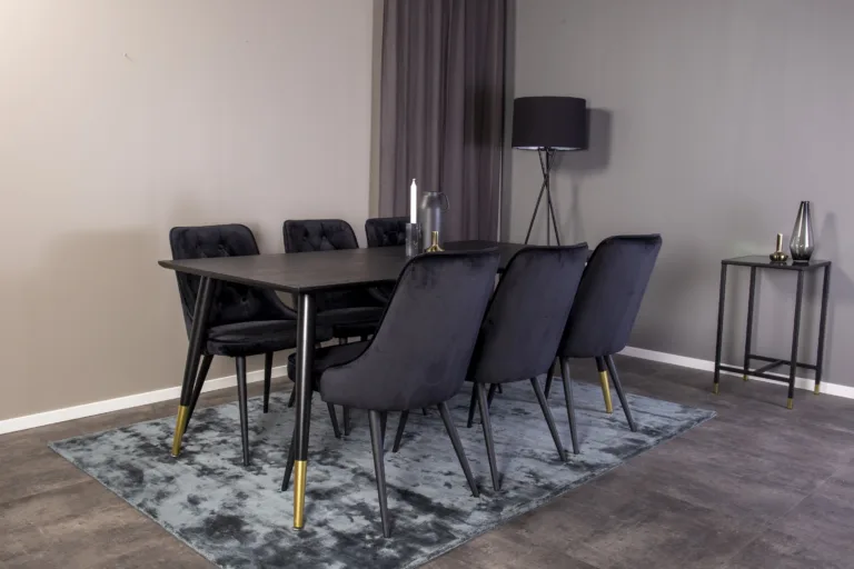 Must ristkülikukujuline söögikomplekt Dipp (laud 180 × 90 cm ja sametist toolid kuldsete detailidega) - GR851